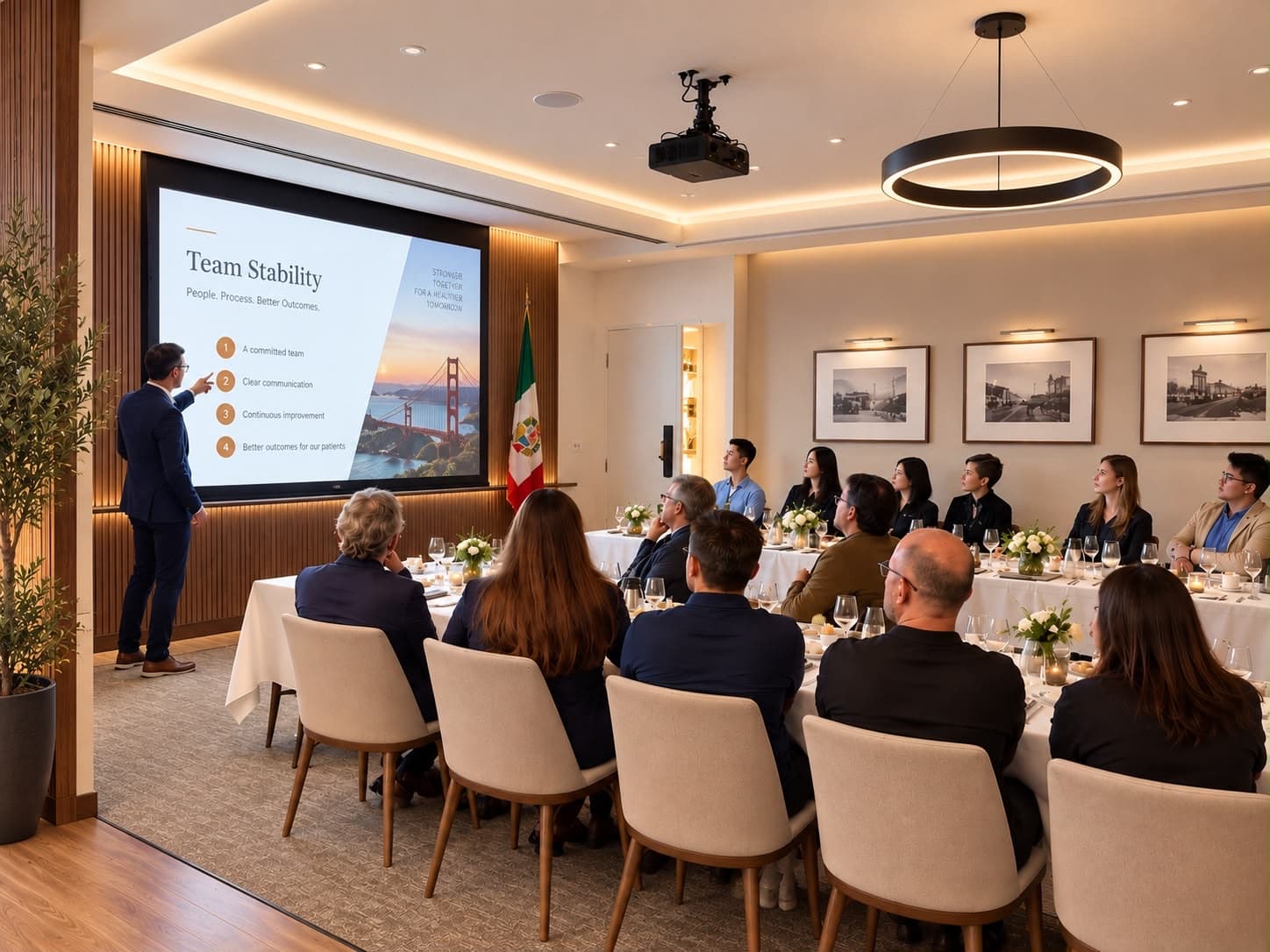 Colleagues seated around a long table during a study club presentation