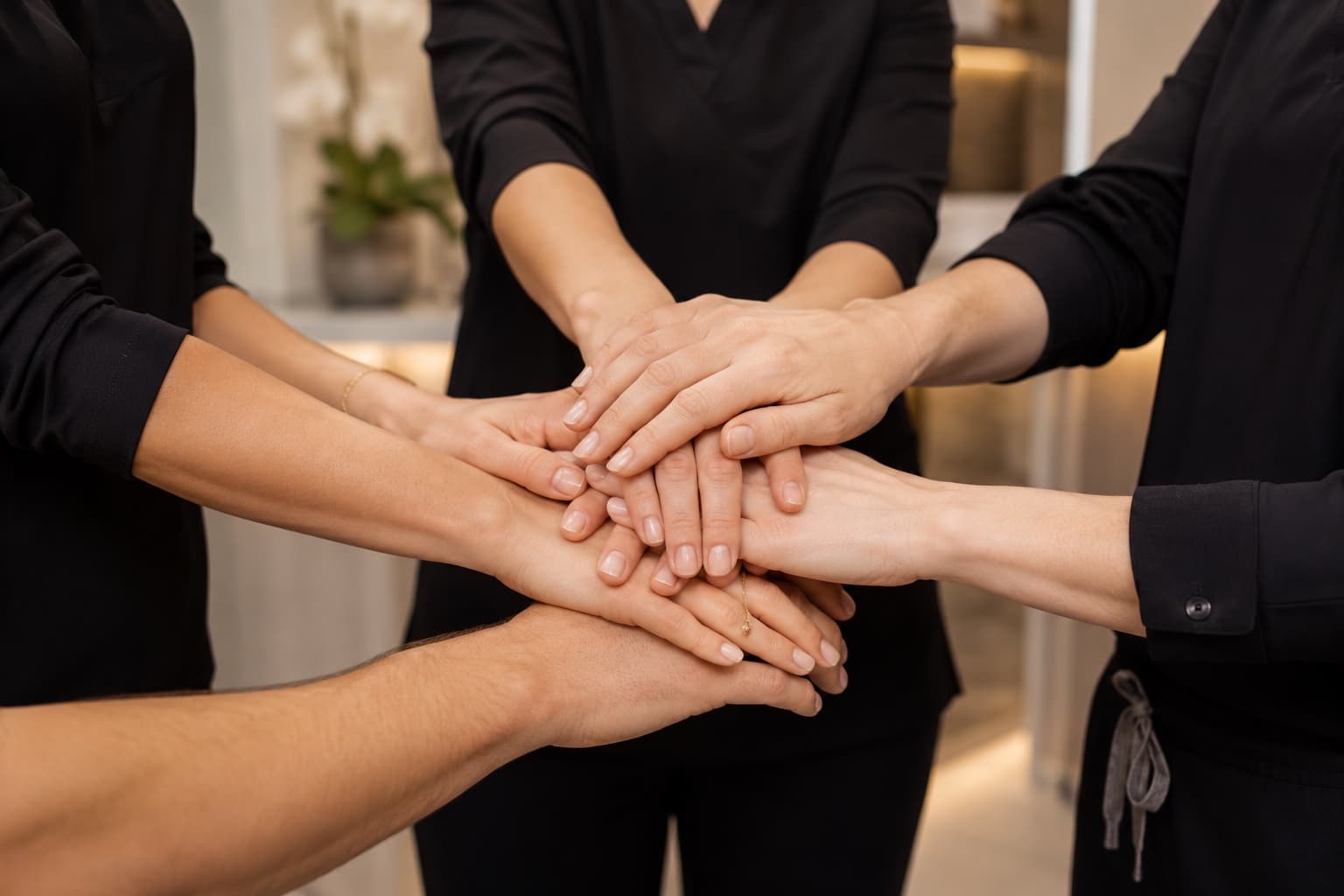 The hands of The Practice SF team stacked together in the reception